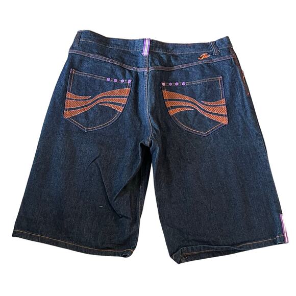 Jinzu Men’s Denim Shorts Size 42 Dark Wash Embroidered Pockets Y2K JNCO style - Picture 1 of 7